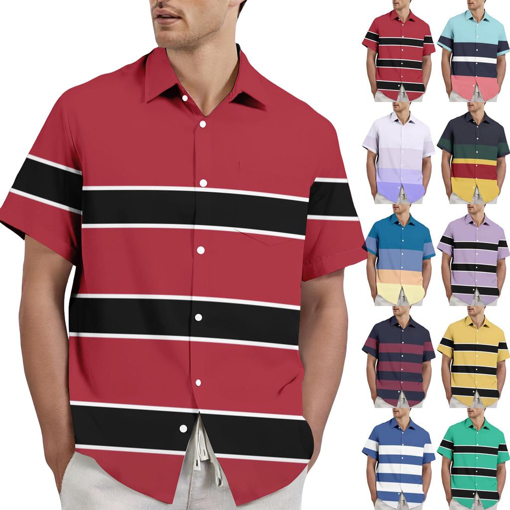 Men's casual stylish striped texture printed shirt - Men's lapel short-sleeved button-up shirt