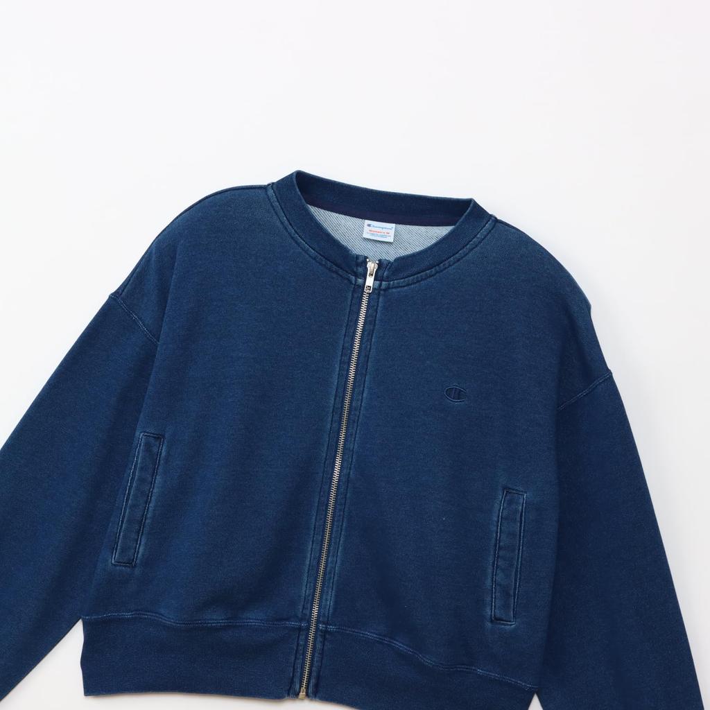 Champion Basic Washed Long Crew Fleece Single Embroidery Women's Zip-Up Sweatshirt, CW-B001, Blue, Sleeve, Neck, Lining,