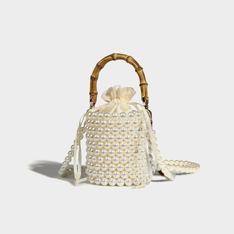 Original Design Drawstring Bucket Bag for Women 2024 New Pearl Chain Bag Handheld Bamboo Knot Bag Single Shoulder Crossbody Bag