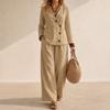 Women's V-Neck Button Long Sleeve Top and Wide Leg Pants Two-Piece Set Color Casual Suit