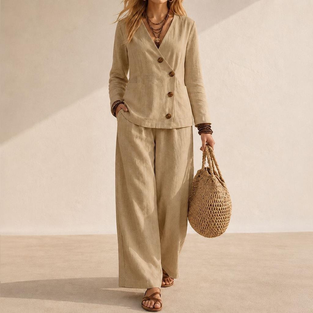 Women's V-Neck Button Long Sleeve Top and Wide Leg Pants Two-Piece Set Color Casual Suit