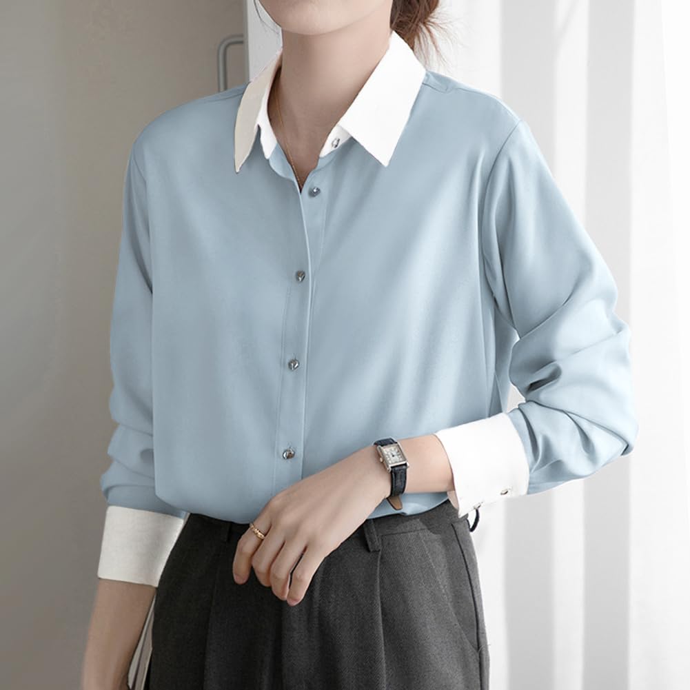 Yino Long Sleeve Collared Shirt Perfect for Spring Women's Two-Tone Blouse, Flattering, Slimming, Simple, Elegant, Casual, Commuting, Office, Formal,