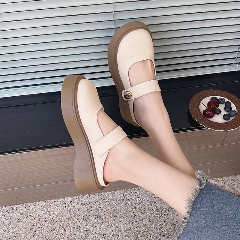 Fashion Beige Soft Leather Shoes Women Heels Mary Janes Platform Lolita Shoes Japanese Style Vintage Girls High Heel Pumps Woman Shallow