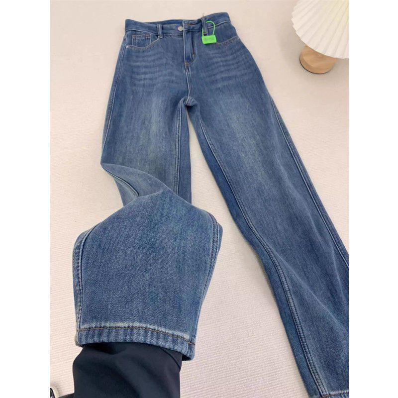 Women s Winter Blue Velvet High-Waist Slimming Straight-Leg Jeans - Petite Long Wide-Leg Pants M