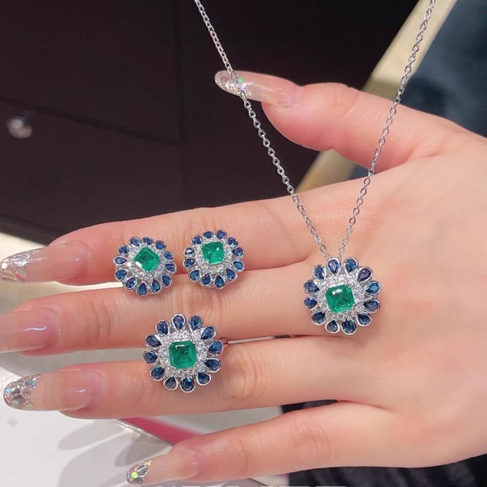 Elegant Women Jewelry Set Vintage Sunflower Necklace Synthetic Emerald Stud Earrings Open Ring Green Gemstone Daily Outfit