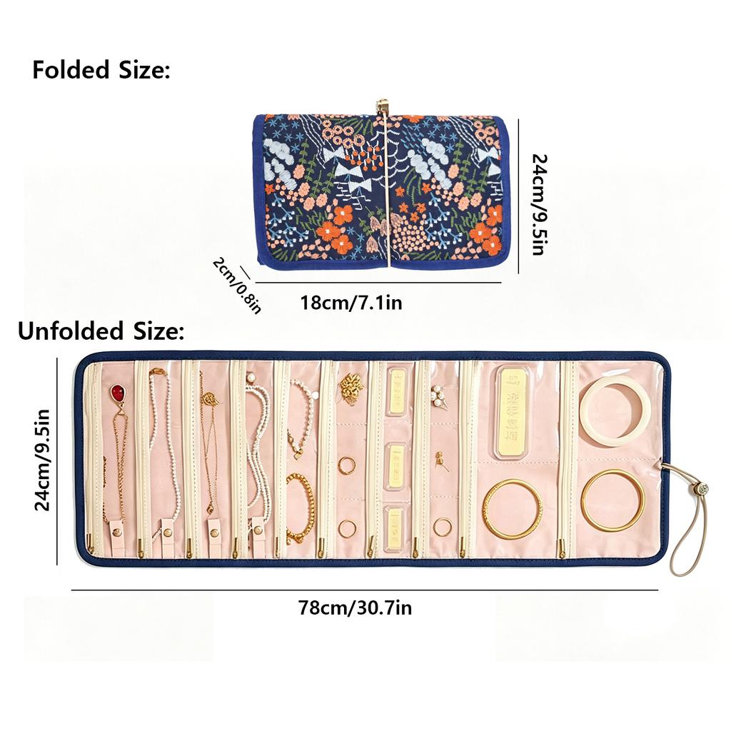 Chinese Style Red Floral Embroidered Jewelry Roll, Anti-Tangle Travel Organizer for Necklaces & Bracelets