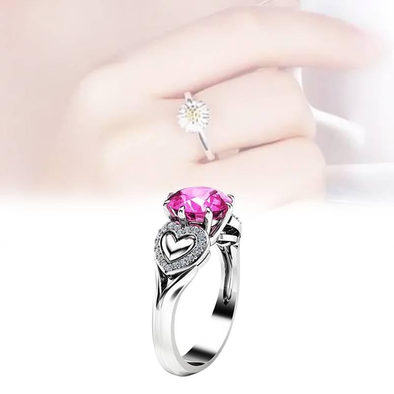 Bague Tendance en Forme de Cœur avec Cristal Zircon Rose et Anneau Réglable Plaqué Argent pour Femmes