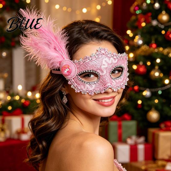 High End Ball Mask Halloween Princess Half Face Mask Venetian Masquerade Party Elegant with Lace Feather Rhinestones Adjustable Ribbon Women
