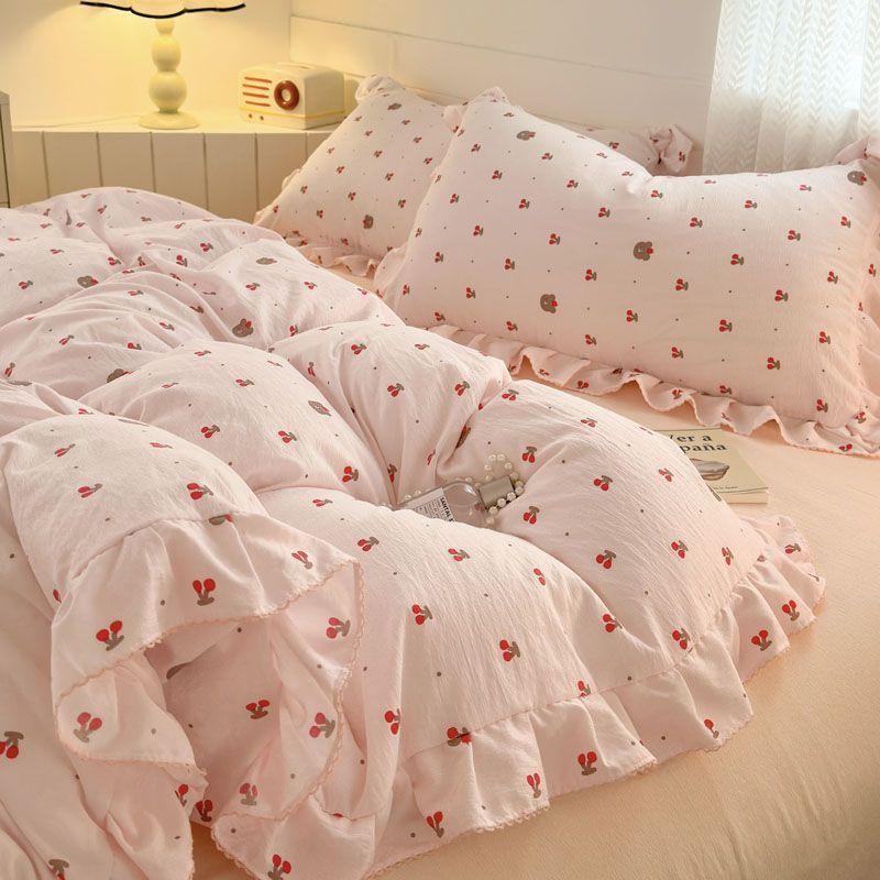 Ins Strawberry Bedding Set Spring Summer Soft Ruffles Princess Floral Duvet Cover No Filler Pillowcase Bed Sheet Quilt Cover