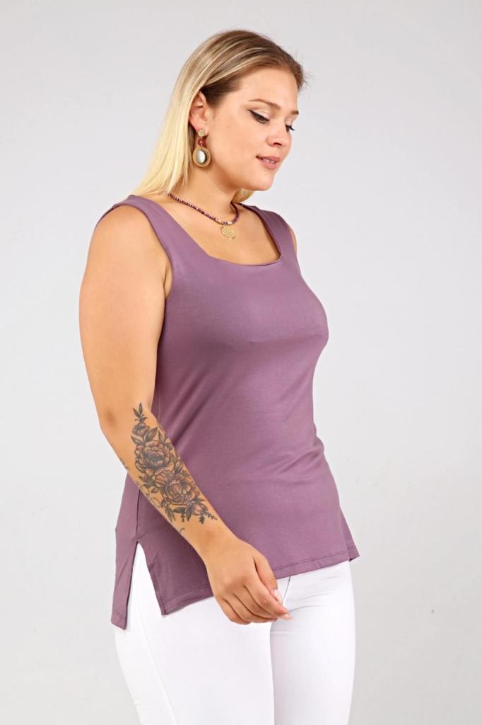 Damen Stil Übergröße Sweatshirt Große Größe Eckiger Ausschnitt Schlitz Viskose Unterhemd - Altrosa