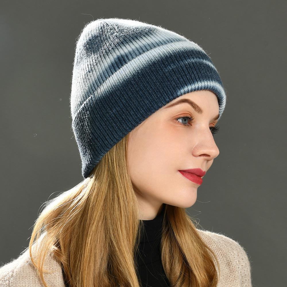 Tie-dye knitted hat rabbit velvet adult soft cute outdoor wool hat warm real raccoon fur ball