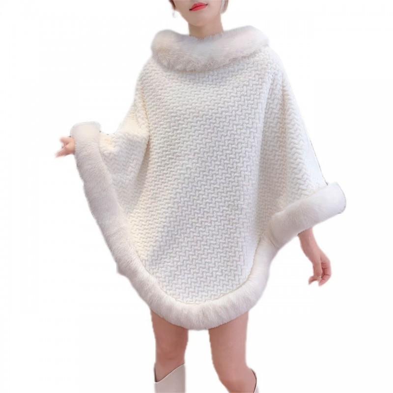 Womens Knitted Cape Shawl With Faux Fur Collar Streetwear Winter Outerwear In Plaid