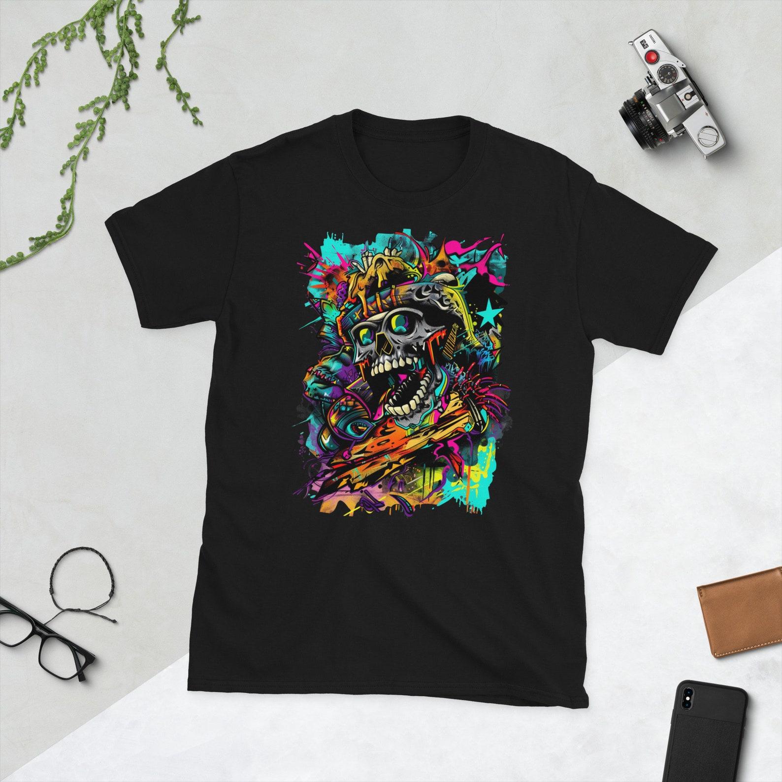 Psychedelic Skull T-Shirt – Colorful Graphic Tee – Vibrant Skull Art Shirt – Festival and Party Wear L