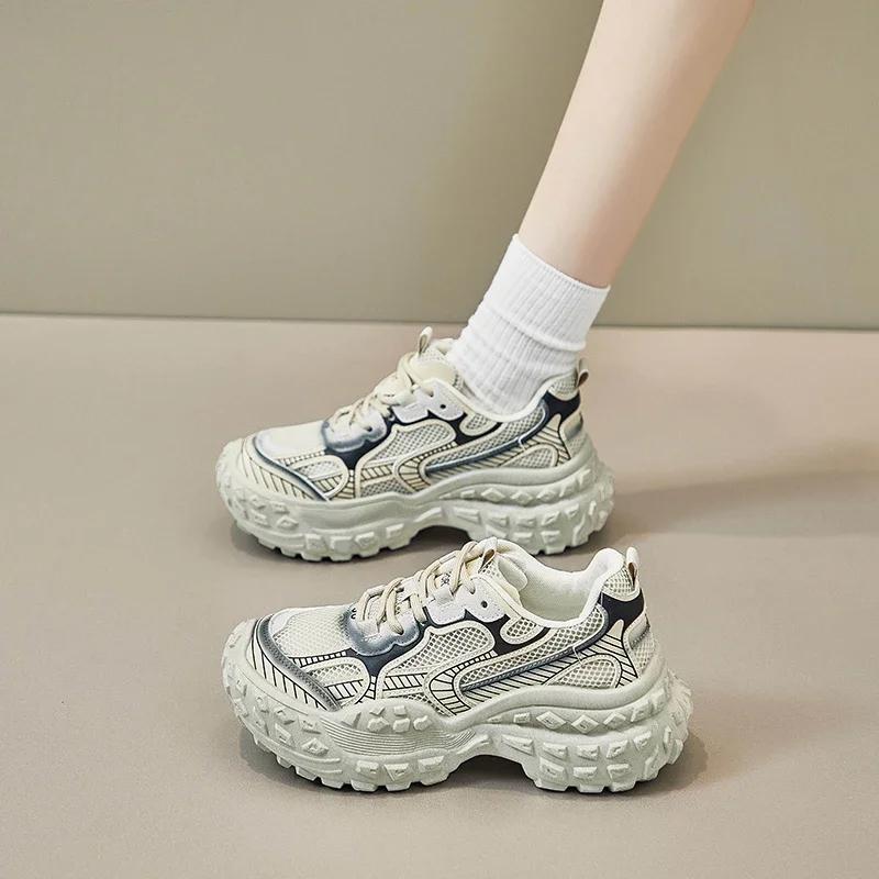 2024 Summer New High-quality Women's Shoes Vulcanized Splicing Breathable Mesh Casual Versatile Women's Lace-up Shoes Sneakers