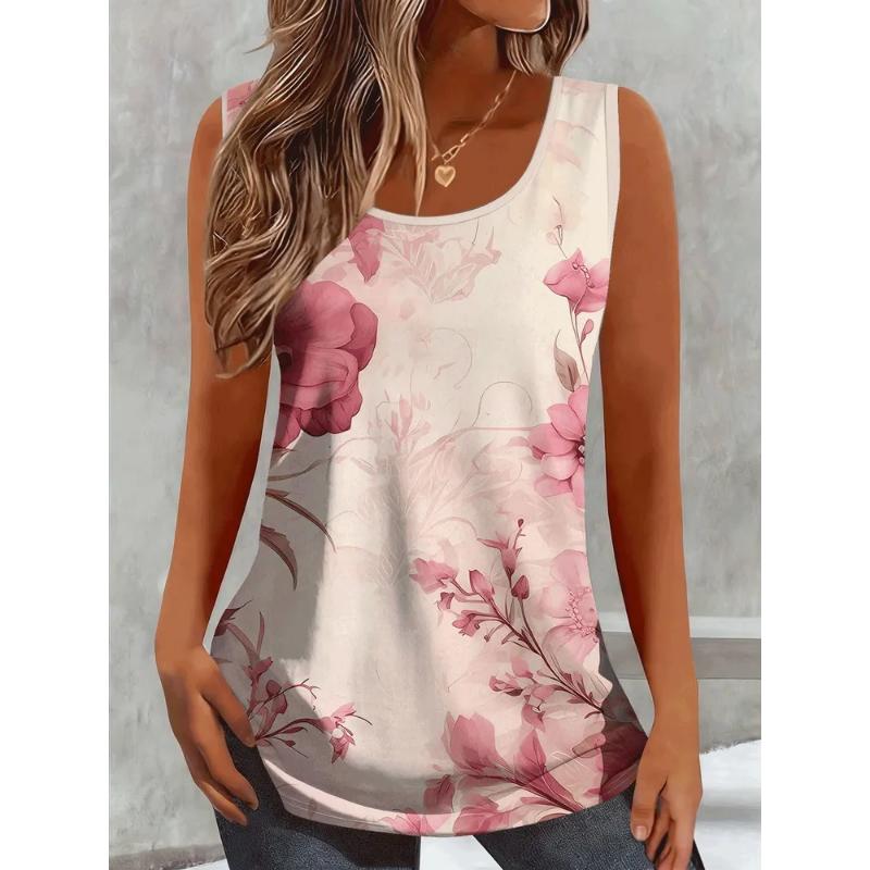 Fashion Women's V-Neck Sleeveless Short Sleeve 2D Flower Color Printing Flower Sleeveless Short Sleeve V-Neck Sleeveless T-Shirt