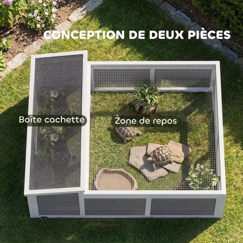 PawHut Two-Zone Tortoise House with Opening Bitumen and Mesh Roof Sections and Window, 113 X 106.5 X 44.5 Cm, Dark Grey