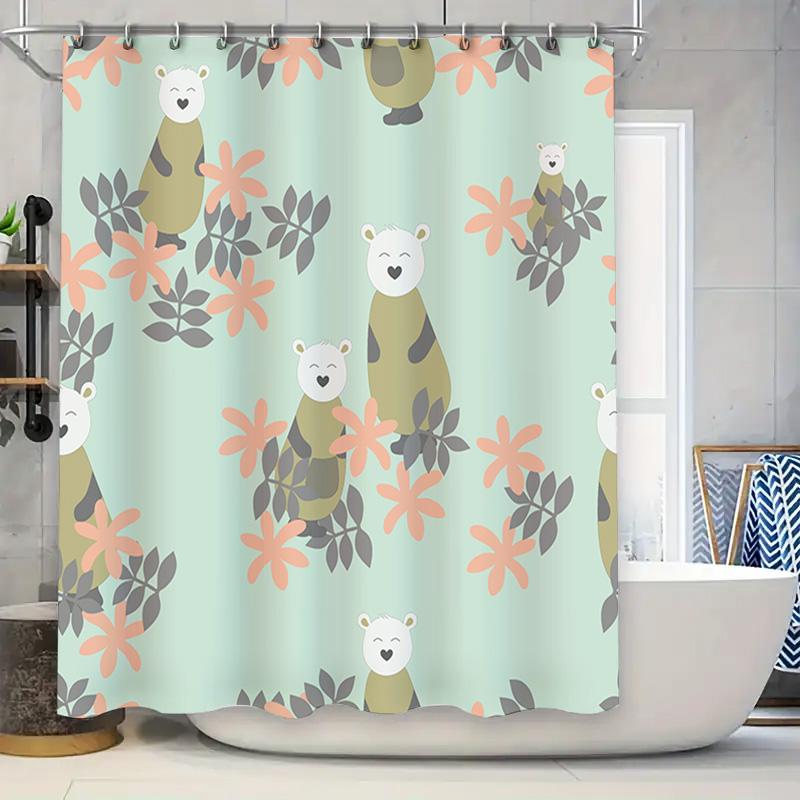 Cute Cartoon Polar Bear Shower Curtain Floral Print Fabric Bath Decoration Waterproof Home Decor Bathroom Accessories (Mint Gree