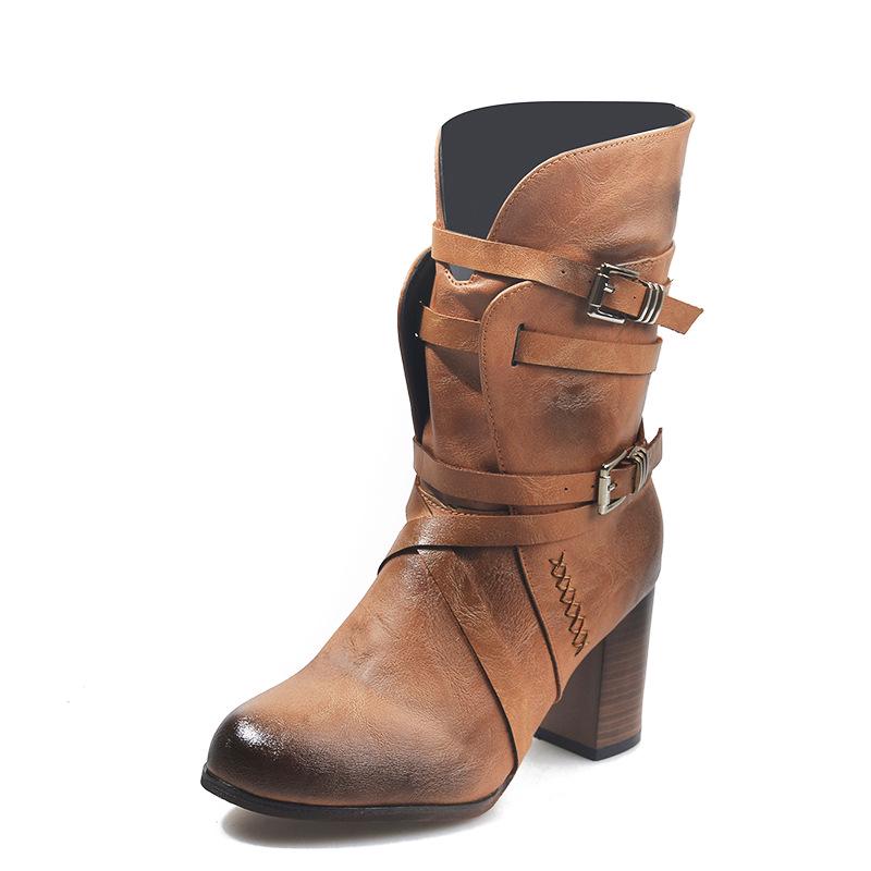 Autumn/Winter 2021 Plus Size Chunky Heel Lace-Up Leather Boots 36
