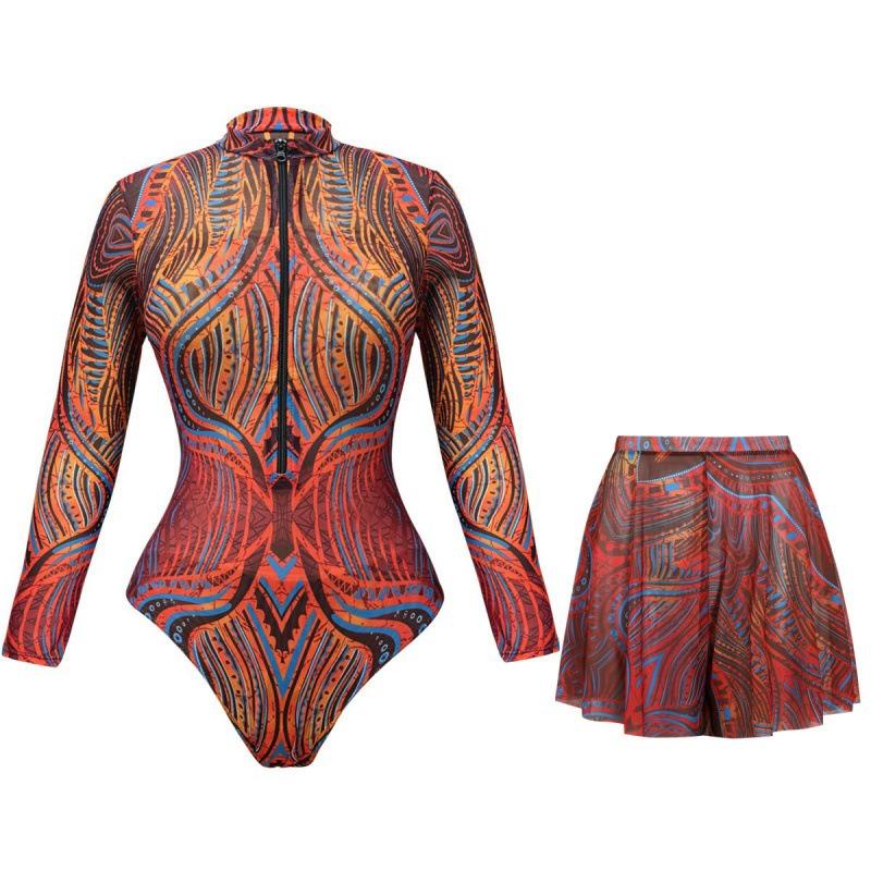 Swimsuit Women's Long Sleeve Sunscreen Swimsuit European and American Short Skirt Set Bikini
