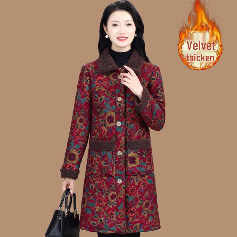 Damen Baumwollmantel mittlerer Länge mit Blumenmuster und Fleecefutter - Winterverdickter Stil für Mittelalte und Ältere