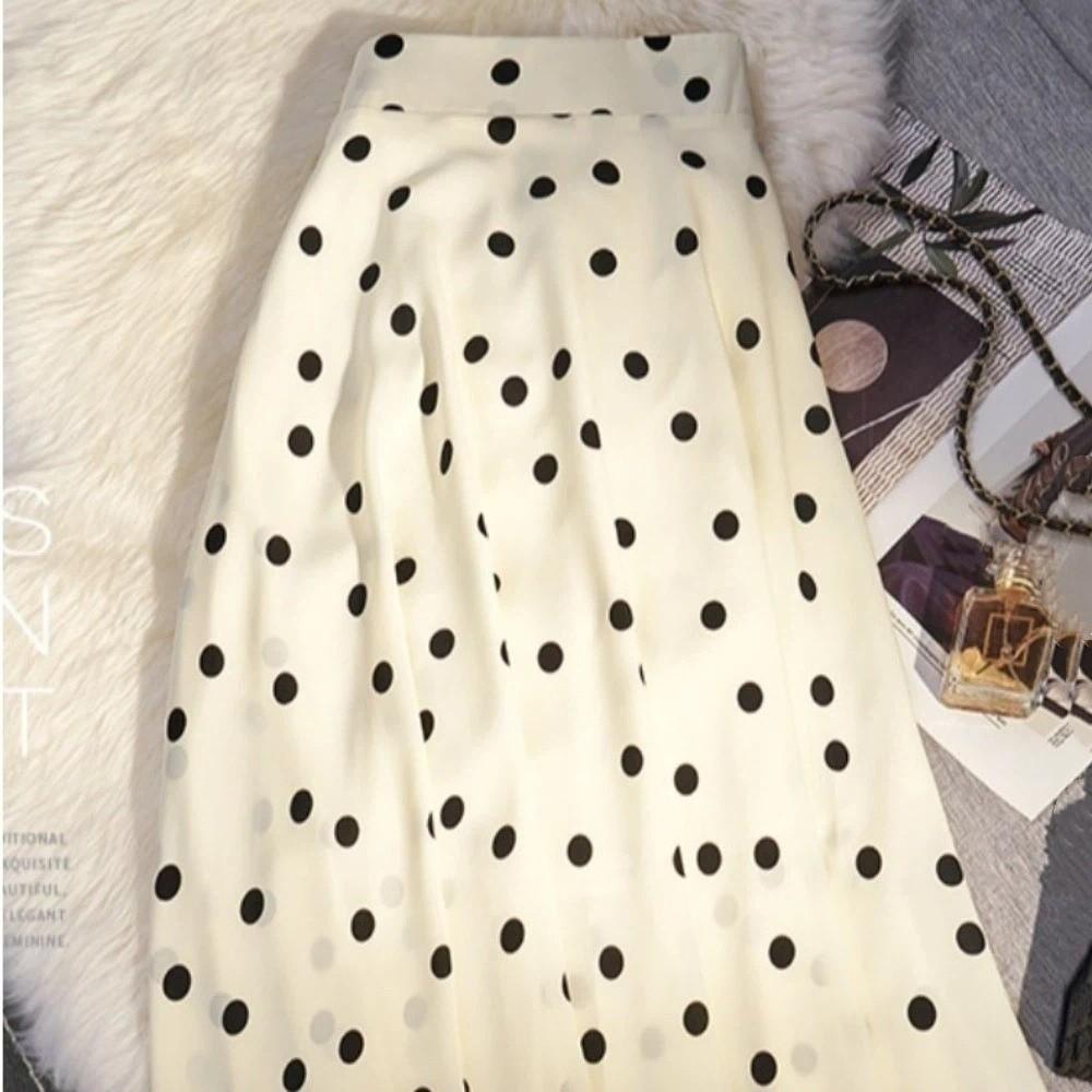 Schmal geschnittener A-Linien-Rock Elastischer Bund Halblanges Kleid Vintage Gepunkteter Rock Damen