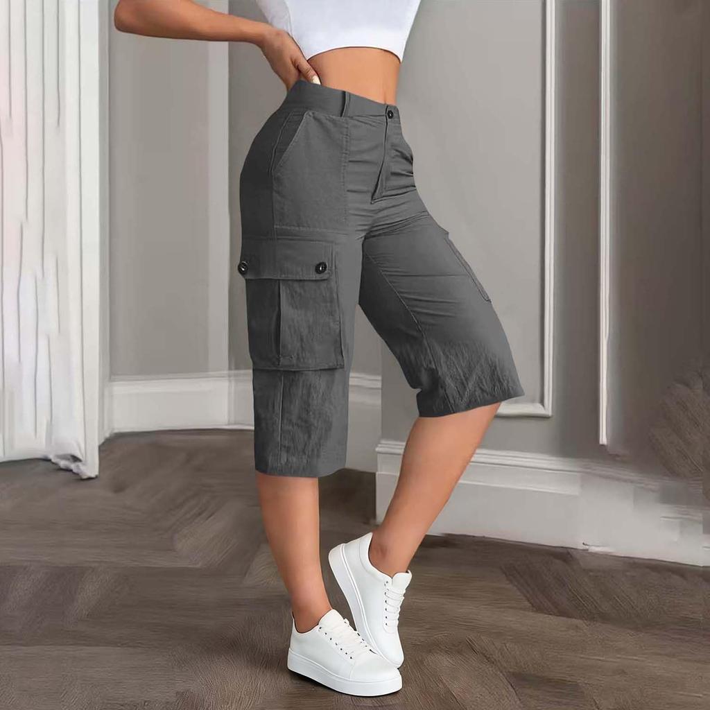 Damen Mid-Waist Relaxed Fit Cargo-Shorts mit elastischem Bund hinten, Knopf- und Reißverschluss, Mehrere Taschen
