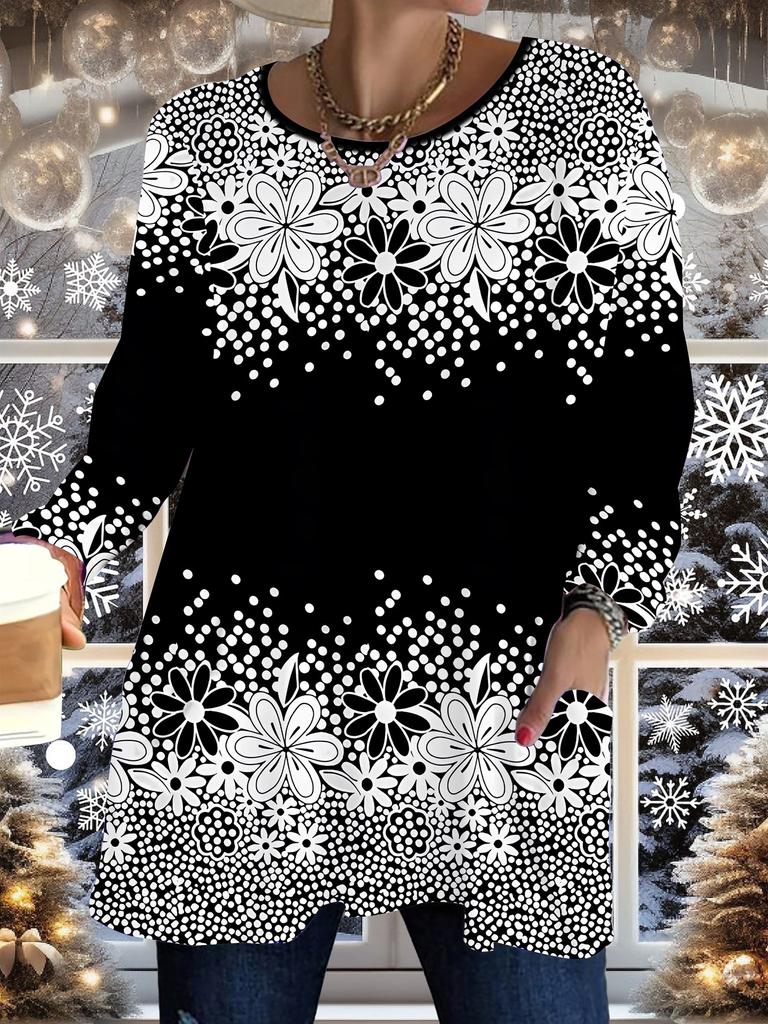 2025 Autumn Winter New Plus Size Women's Tops, Flower 3D Print Fashion Crew Neck Long Sleeve T-Shirts