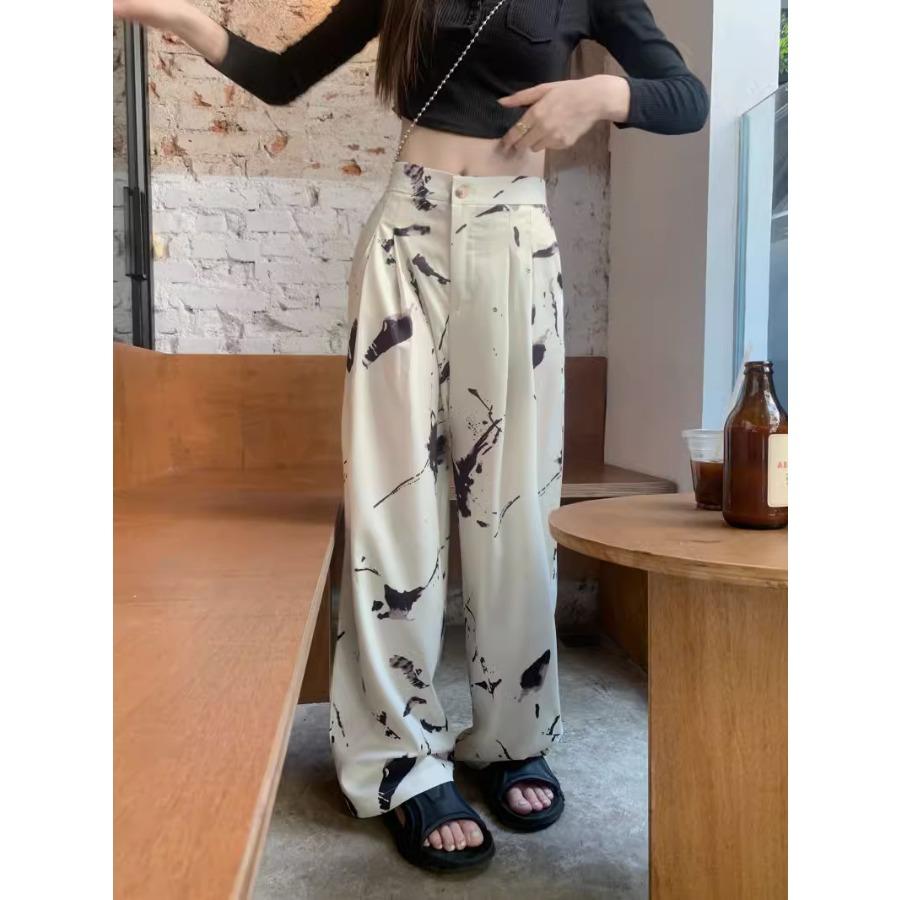 

Летние прямые длинные брюки с чернильным принтом Tie Dye, женские брюки с высокой талией и широкими штанинами в стиле бохо, корейская модная одежда