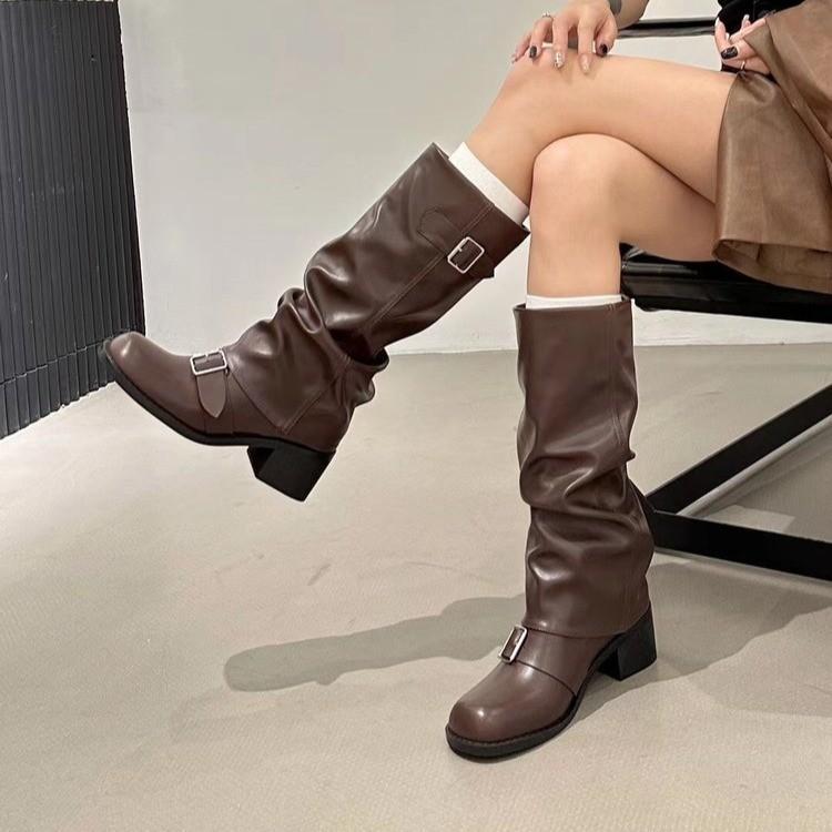 Black British thick heel platform boots knight boots women's 2025 new autumn small heightening trouser boots