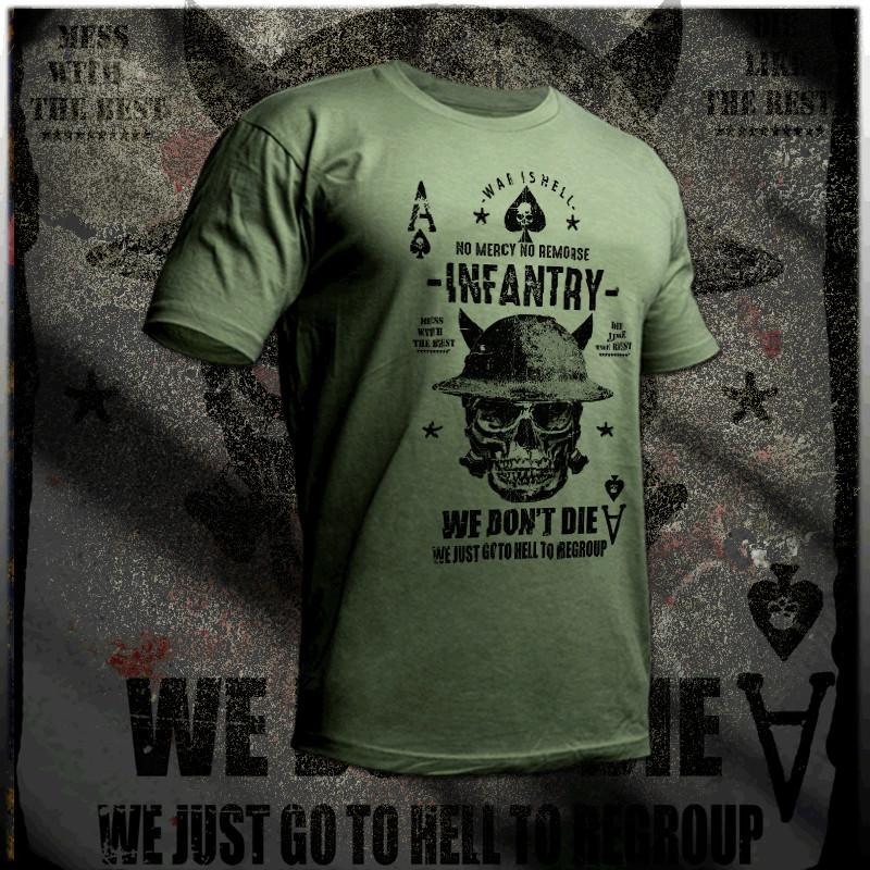 

Пехотная футболка Пехотинец Колючая проволока Череп Шлем Мы не умираем Боевая футболка XL