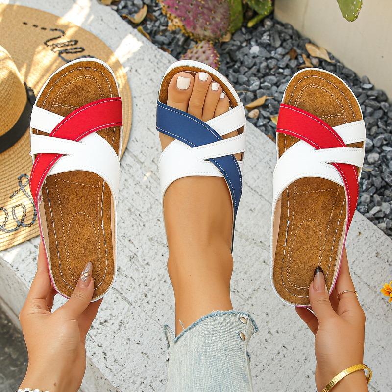 Color-Blocked Wedge Sandals for Women - Plus Size 2025 Summer New Arrival Thick-Soled Cross-Strap Beach Sandals