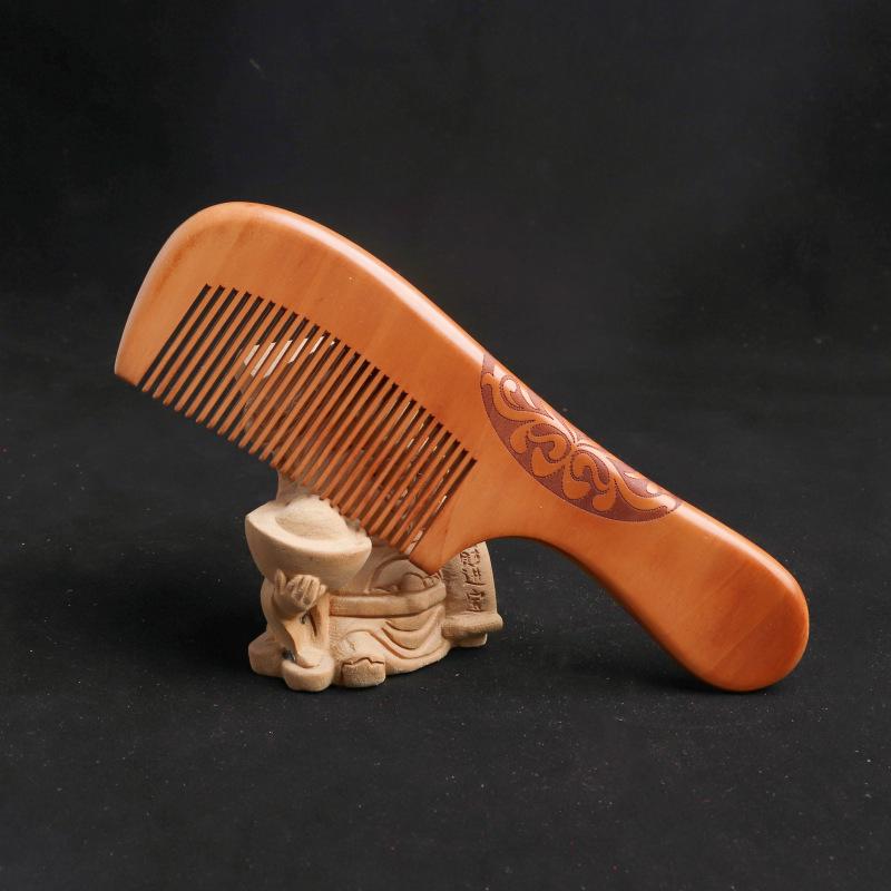 Solid Wood Moon Comb: Peach Wood Carved Straight Hair Comb, Portable and Scalp Massaging with Custom Logo/Gift Text.