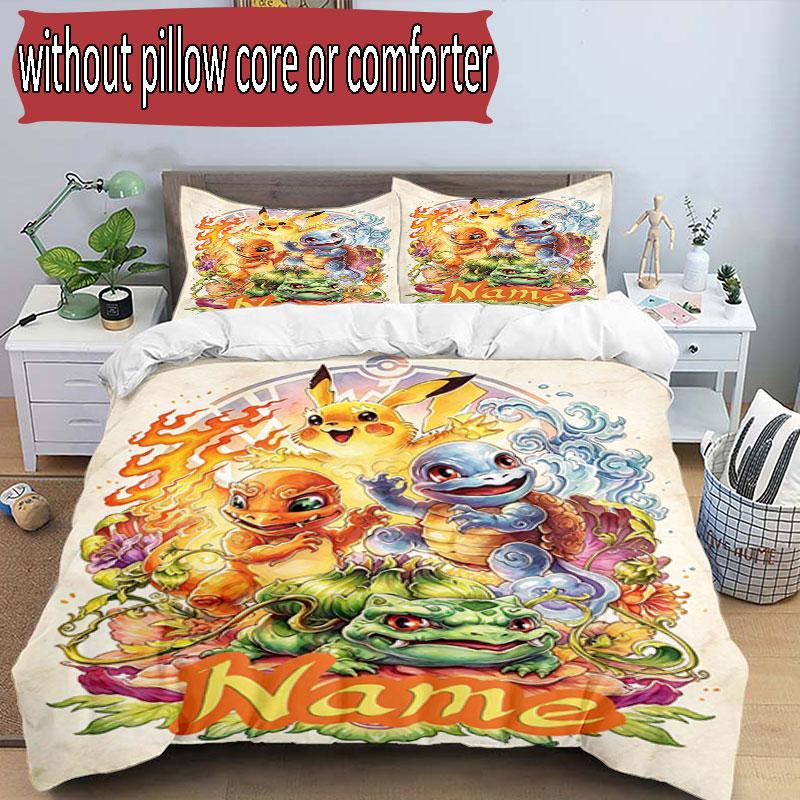 3-teiliges Bettbezug-Set (1 * Bettbezug + 2 * Kissenbezug, ohne Kern), Benutzerdefinierter Name Pokemon Muster Bettwäsche Set, Heim Schlafzimmer Dekor Geschenk