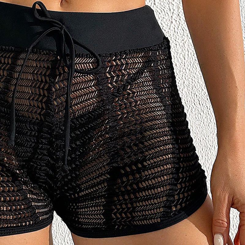 European & American Mesh Solid Color Women's Conservative Bikini with Four-Corner Shorts - 2025 Collection