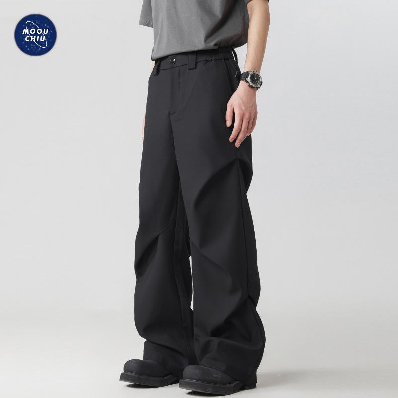 Muqiu Męskie Letnie Plisowane Szerokie Spodnie