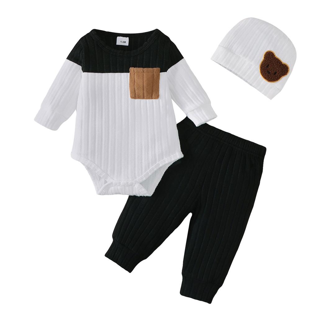 3PCS Newborn Baby Boy Clothes Set Long Sleeved Color Blocked Bodysuit+Gray Pants+Hat Autumn Clothing for Toddlers 1-18 Months