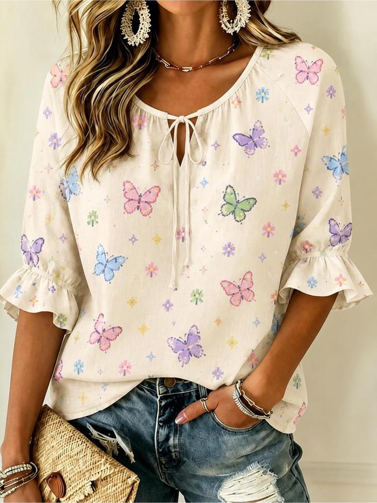 Women Butterfly Floral Print V Neck Tie 3/4 Ruffle Sleeve Blouse, Top for Vacation, Party and Daily Wear