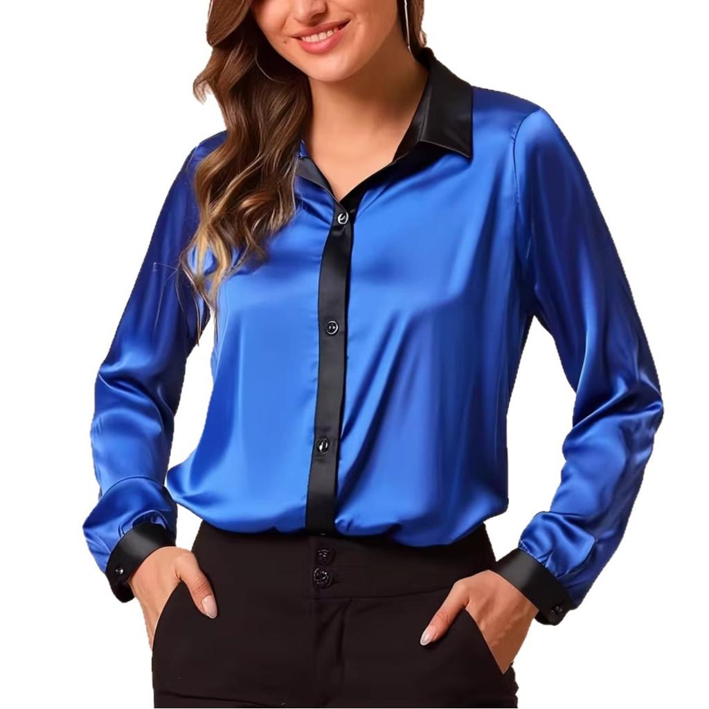 Fashionable Women’s Plain-coloured Shirt; Satin Two-tone Long-sleeved Top; Women’s Shirt
