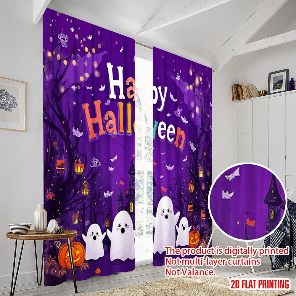 2pcs,2D Plane Printing Popular Curtain Panels Ghosts_ Pumpkins_ and Bats Polyester Easy Install (without Rod) Home Decor Perfect