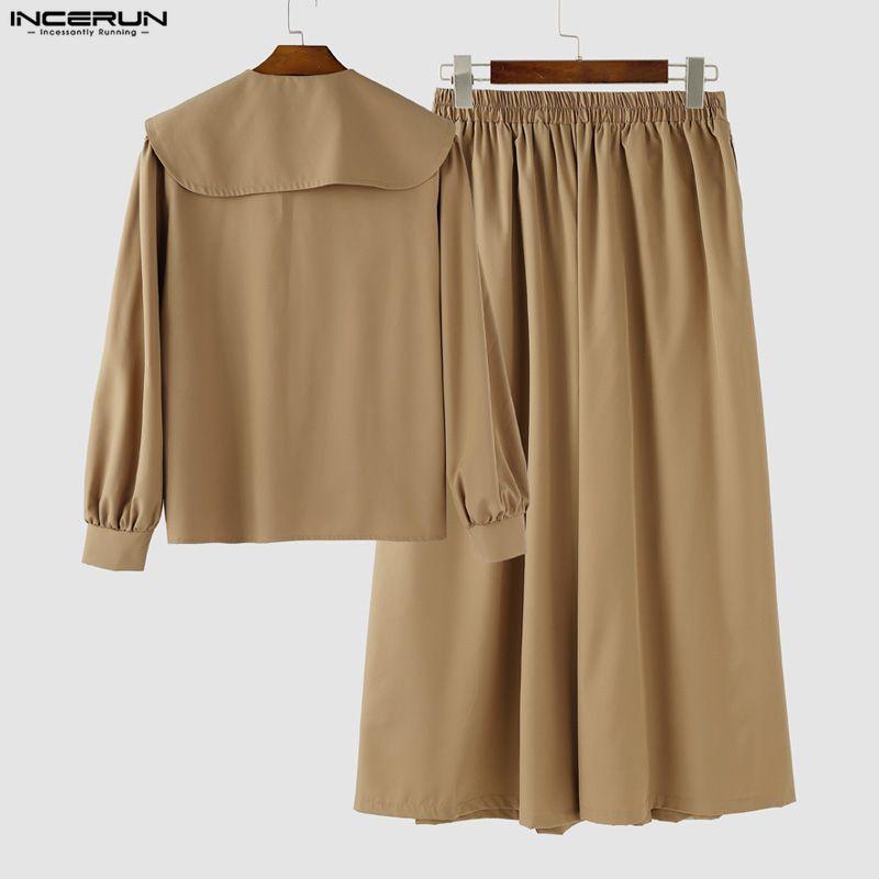 INCERUN Two Pieces Men Sailor Collar Long Sleeve Shirts Long Wide Legs Pants Sets Outfits