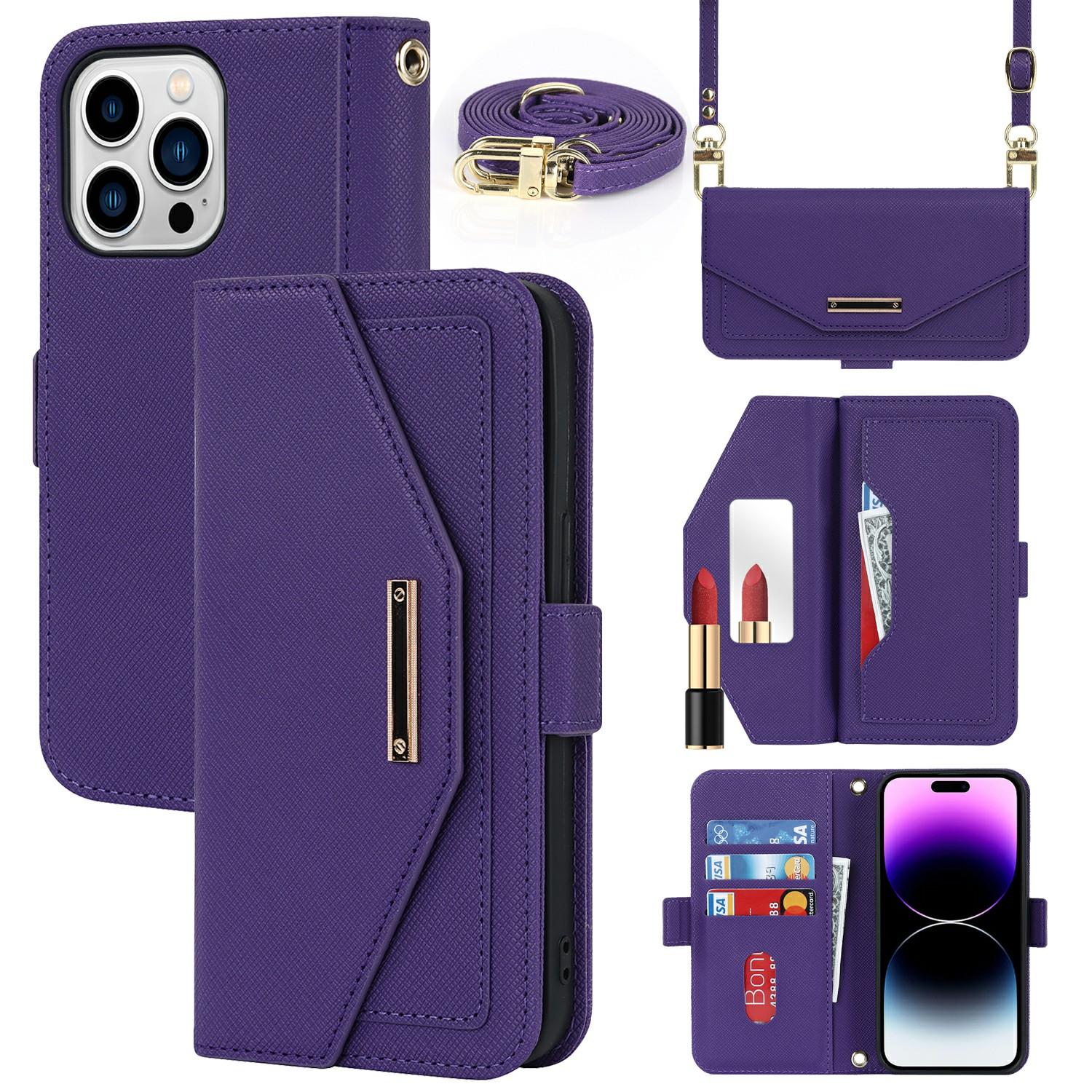 

For iPhone 15 Pro Stand Case Cross Texture PU Leather Wallet Phone Cover with Shoulder Strap/Makeup Mirror Purple