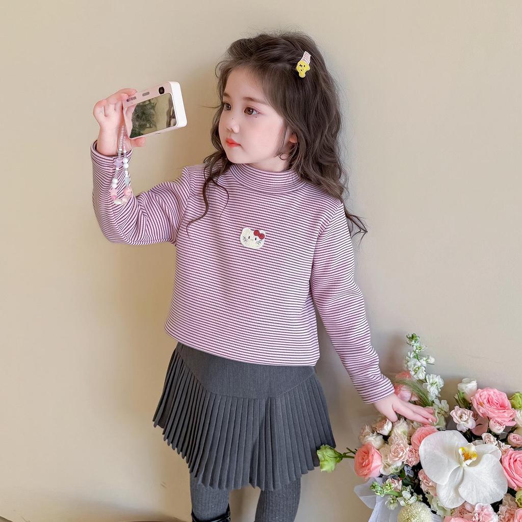Girls' Fleece-Lined Long-Sleeve T-Shirt - Autumn/Winter Semi-High Collar Top