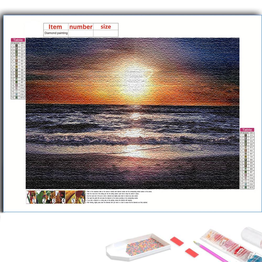 Pictura cu diamant DIY 5D Apus de soare de la malul mării Kit cu punct de cruce Mozaic Broderie cu diamant Trandafir complet rotund/burghiu pătrat Decor pentru casa