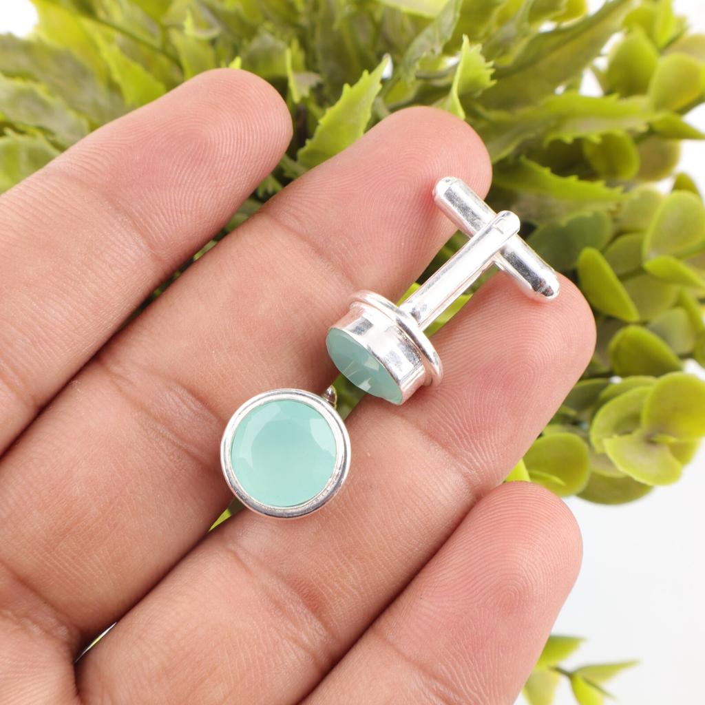 Aqua Chalcedony Gemstone 925 Sterling Silver Handcrafted Cufflinks 0.50" For Him CL-4-17