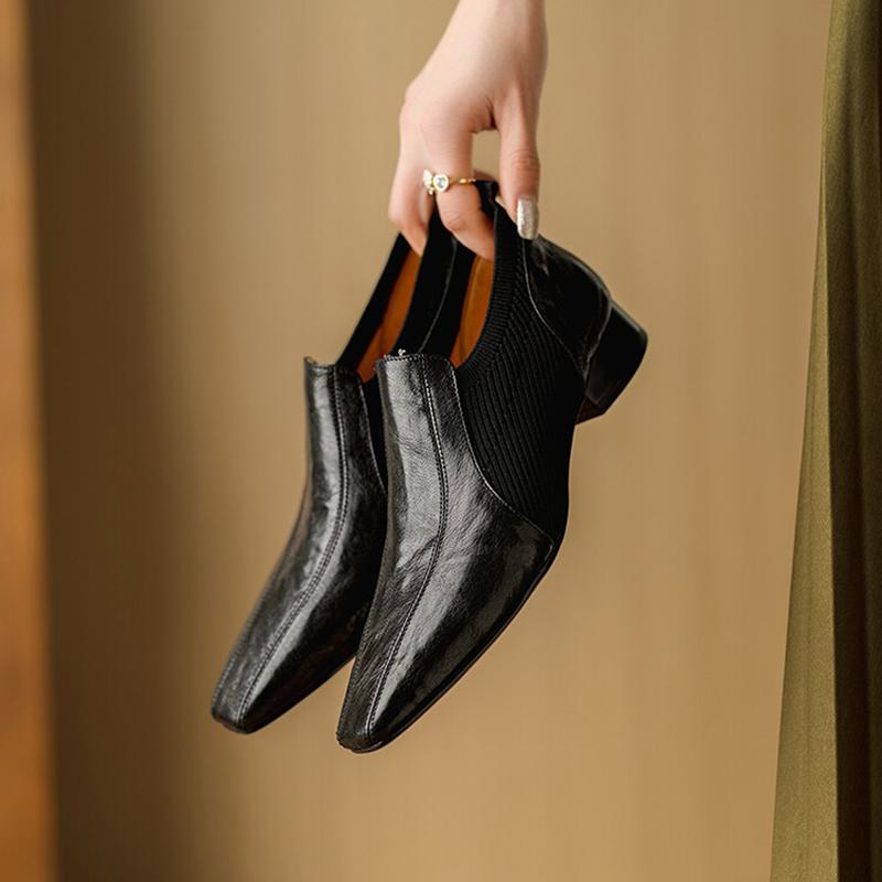 Fashion NEW Spring/Fall Women Loafers Genuine Leather Shoes for Women Square Toe Chunky Heel Shoes Retro Slip-on Women Pumps Black Shoes