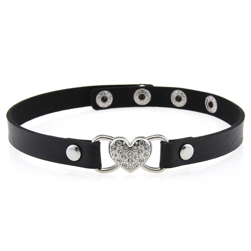 Rhinestone Heart Leather Choker, Minimal Elegant Sparkly Heart Clavicle Necklace