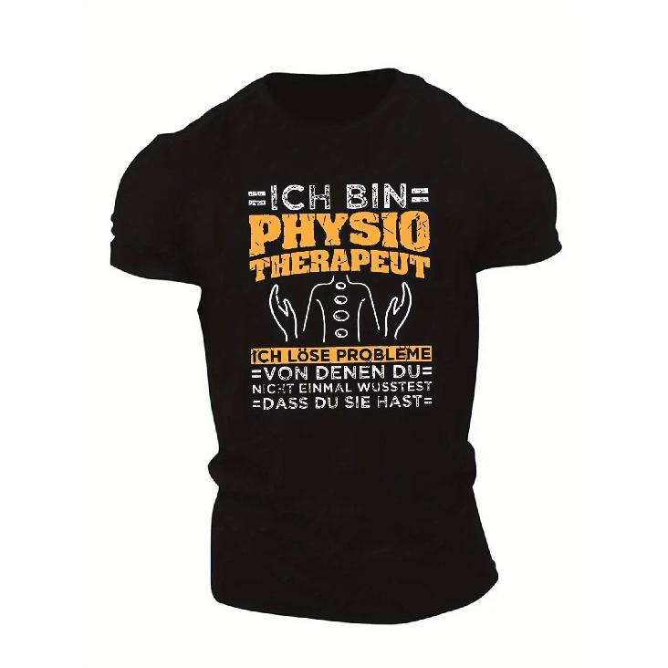 Men s German Physiotherapist Design T-Shirt -  Ich BIN Physio  Raised Fists & Heartbeat Graphic, Light Gray Stretchable Casual Tee for Therapists, S чёрный