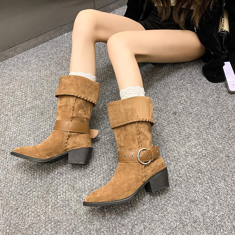 Western Boots Autumn And Winter Fashion Retro Belt Buckle Medium Boots Suede Pointed Thick Heel High Heel Martin Women'S Boots