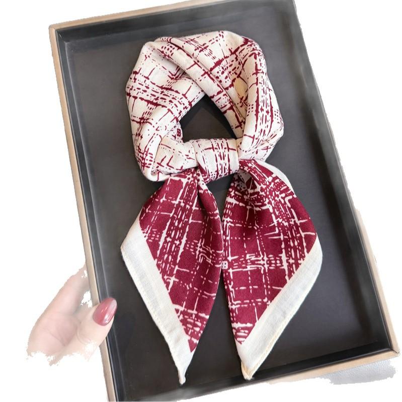Burgundy Plaid Herringbone Pattern Cotton and Linen Small Square Scarf Silk Scarf Imitation Velvet Headscarf Shawl Sun Protection Scarf Women's Scarf