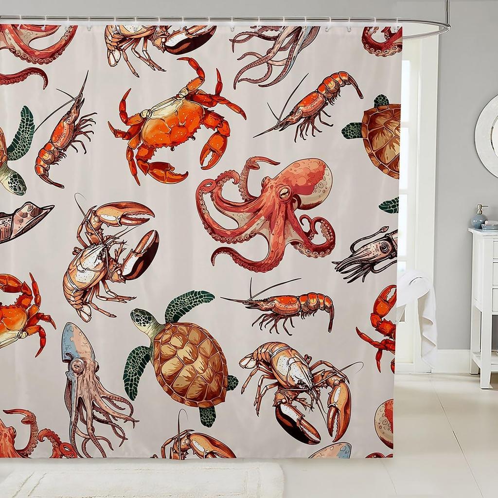 Lobster Shower Curtain Nautical Bathroom Shower Curtain Sets Retro Cartoon Ocean Stripes Marine Life Sea Wild Animals Fabric